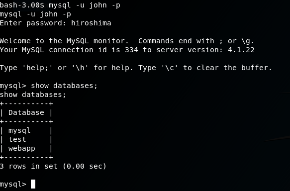 Logging in to the MySQL CLI on Kioptrix 2